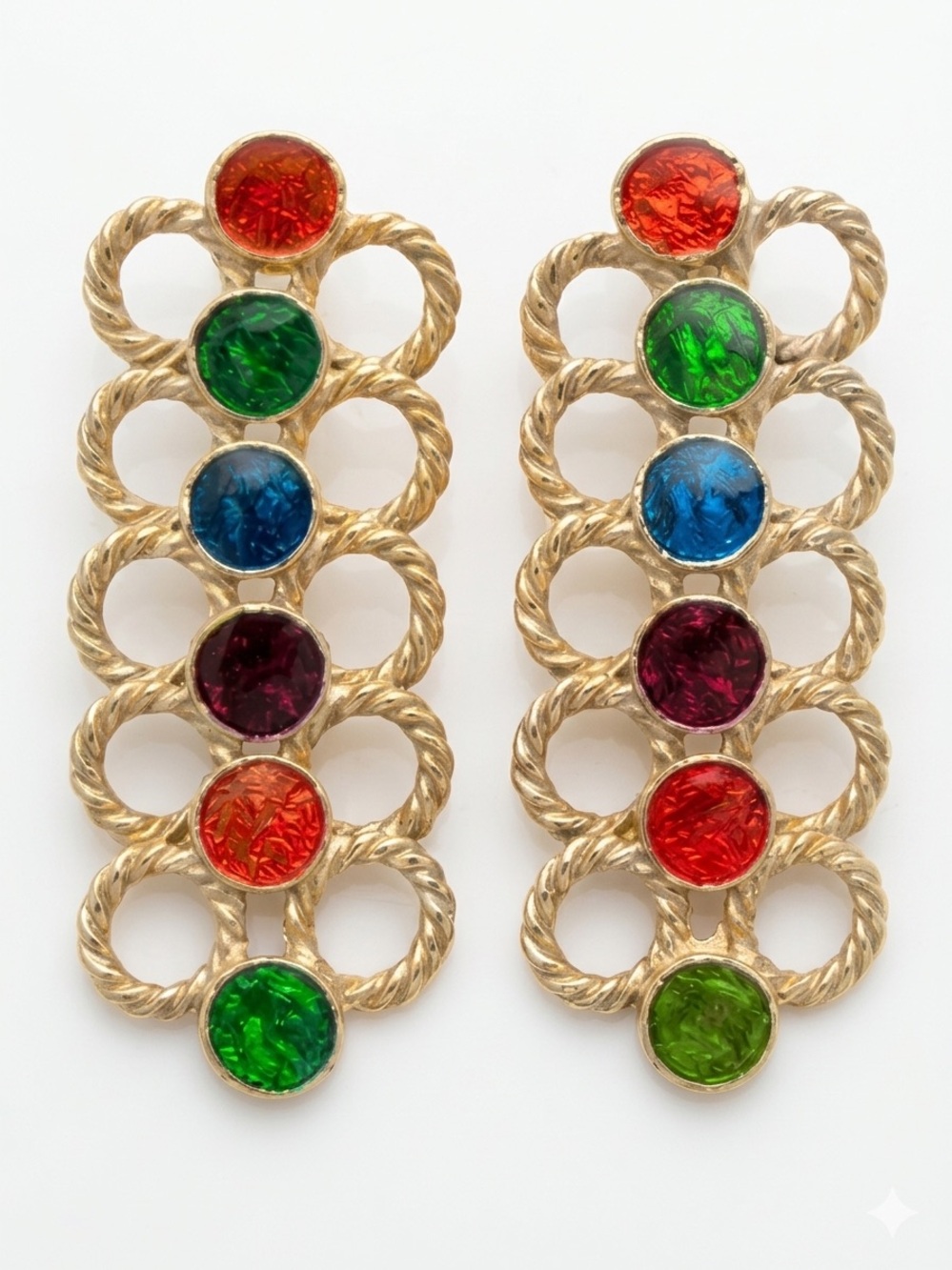 Vintage 80s Multicolor Cabochon Gold Drop Dangle Statement Earrings Runway